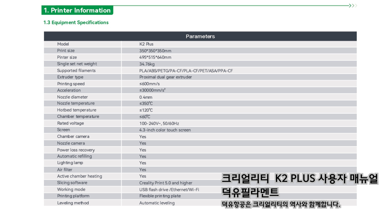 크리얼리티 K2 PLUS 고속출력 3D프린터 사용자 매뉴얼 덕유필라멘트
