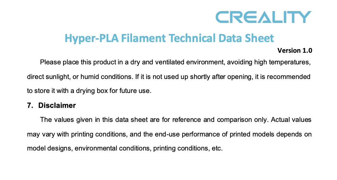 크리얼리티 Hyper PLA 필라멘트 MSDS 데이터; CREALITY Hyper PLA Filament Technical Data Sheet 덕유항공