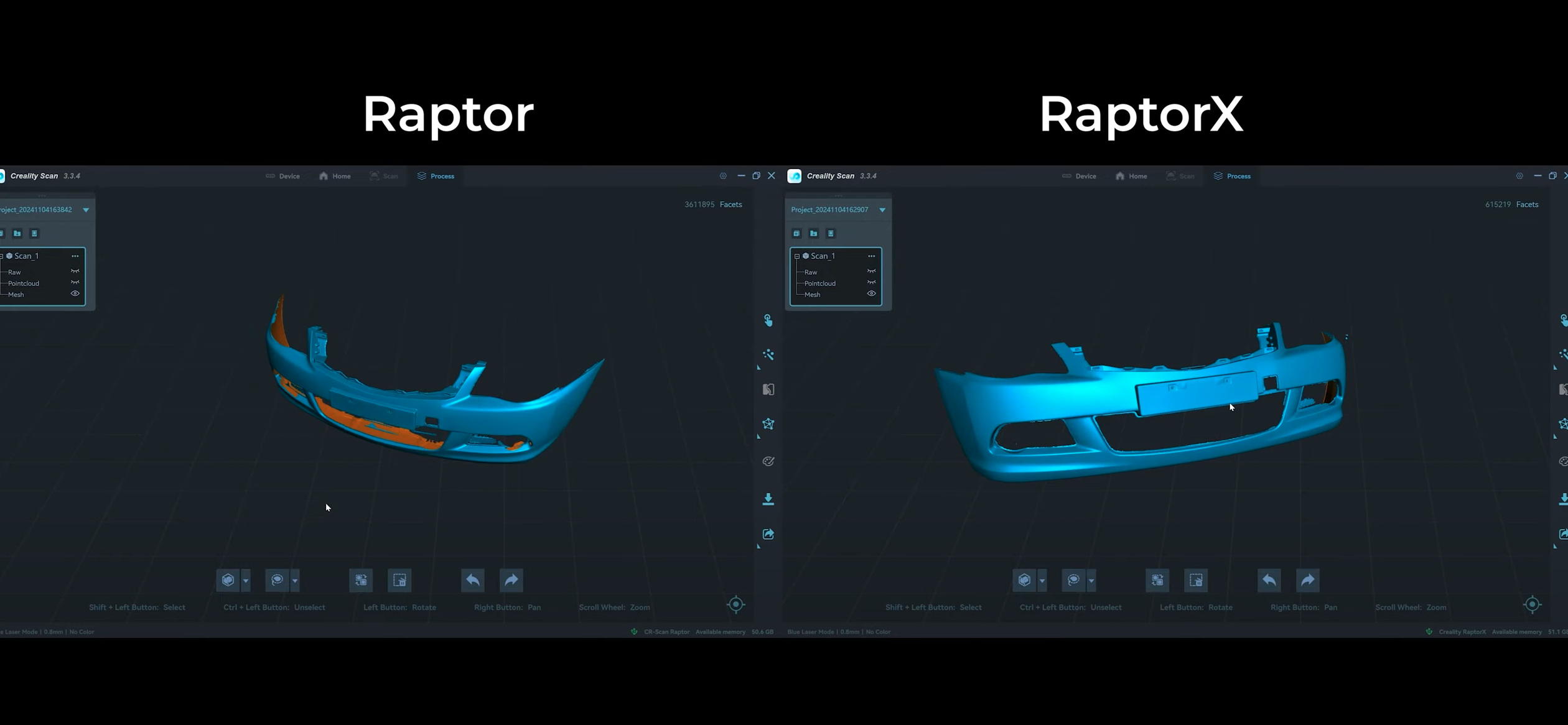 크리얼리티 3D스캐너 랩터와 랩터X로 자동차 범퍼를 스캔하다( CREALITY Raptor vs RaptorX 소요시간 비교)